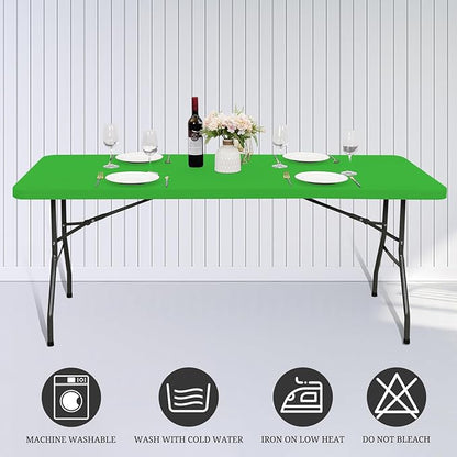 6 Pack Fitted Tablecloth for 8 Foot Rectangle Tables, Green Elastic Outdoor Picnic Table Cover, Washable Stretch Folding Table Cloths 8 ft for Camping Party Patio Kitchen Banquet, 30" W x 96" L
