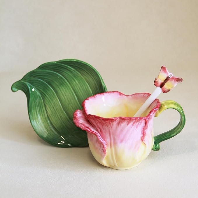 Ceramic Tea Cup and Saucer Set ，6OZ 3D Hand-Painted Flower Coffee Mug，Gift - Image 3