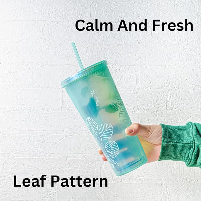 bzyoo 24oz Plastic Tumbler Cup, Lid & Straw, Iced Coffee, Pearl Green Leaf - Image 3