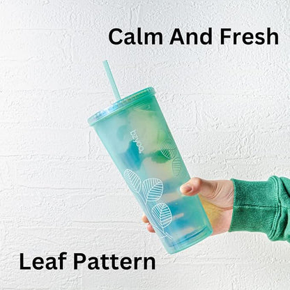 bzyoo 24oz Plastic Tumbler Cup, Lid & Straw, Iced Coffee, Pearl Green Leaf - Image 3