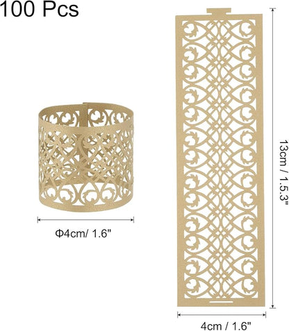 uxcell 100Pcs Napkin Rings Laser Cut Foil Paper, Napkin Holder Hollow Napkin Bands for Weddings Party Serviette Table Decoration Restaurant (Brown, 5.3 x 1.6)