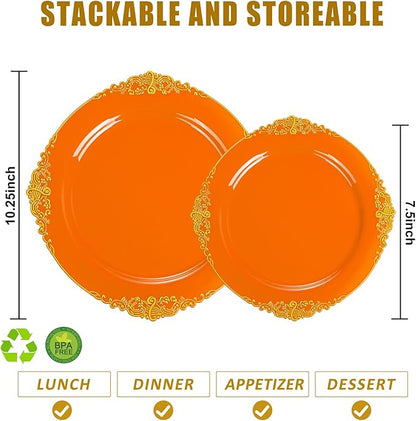 102PCS Orange Plastic Plates - Orange and Gold Disposable Plates - Party Plate with Gold Rim - Vintage Disposable Plate Serving for 51Guests for Party & Wedding