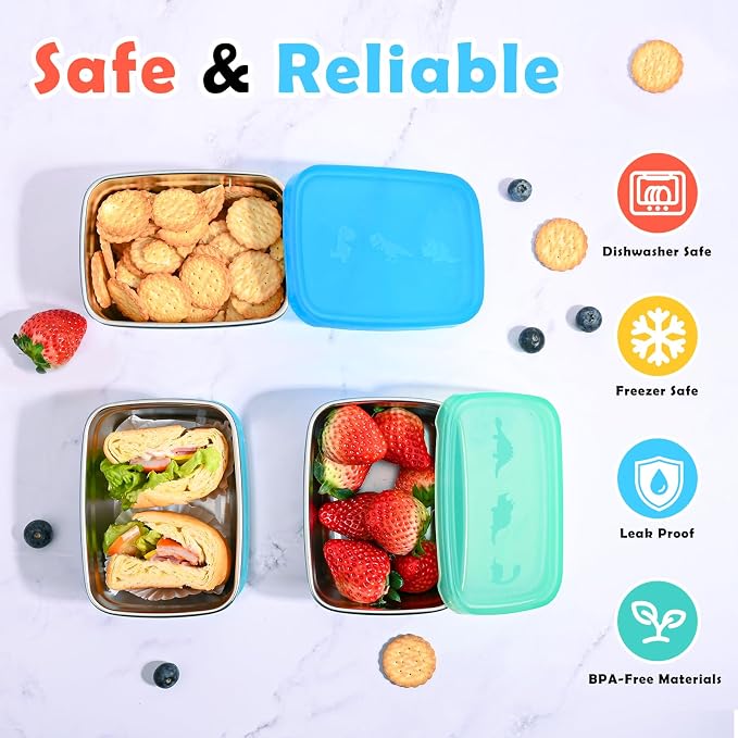 3-Pack Stainless Steel Snack Containers - 550ml Leakproof Colorful Lids - Image 6