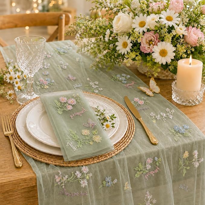 Wildflower Tulle Table Runner Butterfly Floral Wedding Party Home Decor | Sage by Unknown