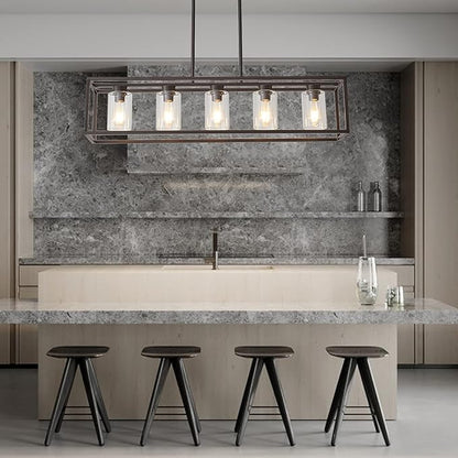 XILICON Oil Rubbed Bronze Farmhouse Chandelier Dining Room Lighting Fixture Hanging 5 Light Kitchen Island Lighting with Glass Shade for Dining Room