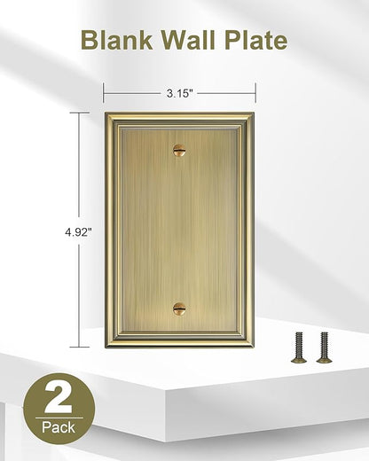 2-Pack Single Blank Wall Plates, Durable Solid Zinc Alloy Blank Outlet Covers, Decorative Antique Brass Wall Plate Cover for Unused Outlets/Switches, Corrosion Resistant
