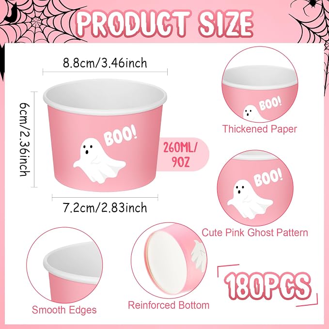 CHENGU 180 Pcs Halloween Snack Cups 9 oz Disposable Ghost Paper Ice Cream Bowls - Image 2