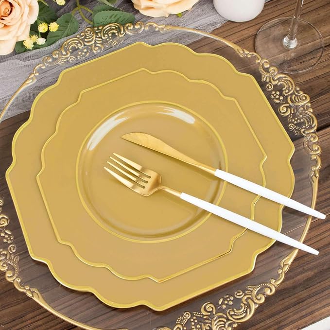 Gold Hard Plastic Dessert Plates, 50 Pack 8" Disposable Round Baroque Plates - Image 8
