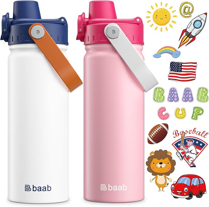 baab 18oz Kids Insulated Water Bottle 18/8 Stainless Steel Kids Cup 2 Pack | by baabKidWatterBottle