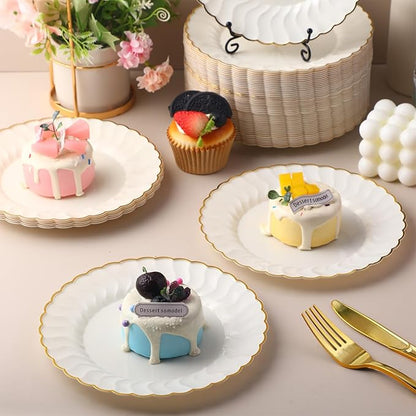 Mifoci 150 Pcs 7.5 Inch Ivory with Gold Rim Plastic Disposable Plates Bulk Salad Dessert Appetizer Cake Plates Elegant Fancy Plastic Tableware for Party Holiday, Wedding, Catering Table Decoration
