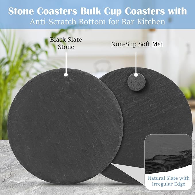 Black Nature Stone Round Coasters Set of 2, Cup Coasters Absorbent Anti-Scratch - Image 2