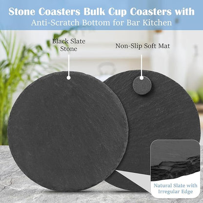 Black Nature Stone Round Coasters Set of 2, Cup Coasters Absorbent Anti-Scratch - Image 2