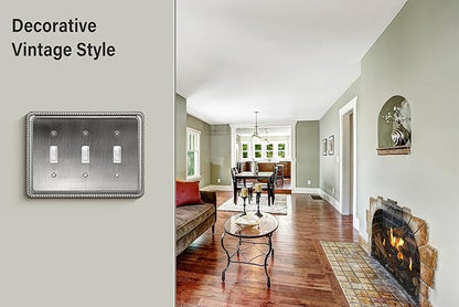 Henne Bery Rope Edge Decorative Wall Plate Switch Plate Outlet Cover (Triple Toggle, Heirloom Silver)