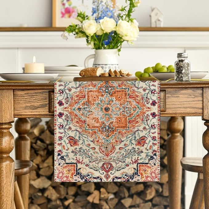 Artoid Mode Boho Bohemia Style Orange Table Runner, Country Rustic Farmhouse - Image 2
