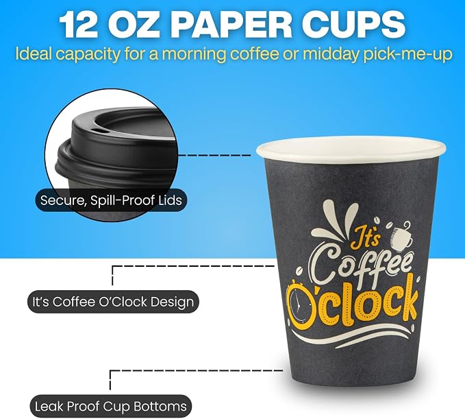 Disposable Coffee Cups with Lids, To Go Paper Hot Cups, Coffee O'Clock Design - Image 5