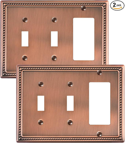 2-Pack Combo Decorator/Double Toggle Light Switch Cover Plate, Antique Copper Pearls Decorative Switch Plates and Outlet Covers, Metal Wall Plates for Electrical Outlets