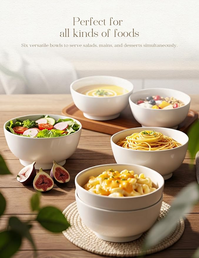 Porcelain Soup Bowls Set of 6, 26 oz Deep Cereal Bowls - Image 2