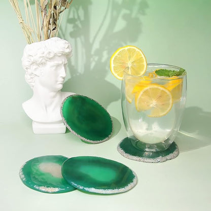 Agate Drink Coasters Set of 4, Natural Stone Coaster for Coffee Table 3.5-4" Geode Gemstone Coasters Decor, Unique Gift for Women Men Housewarming Birthday Wedding Anniversary (Green)