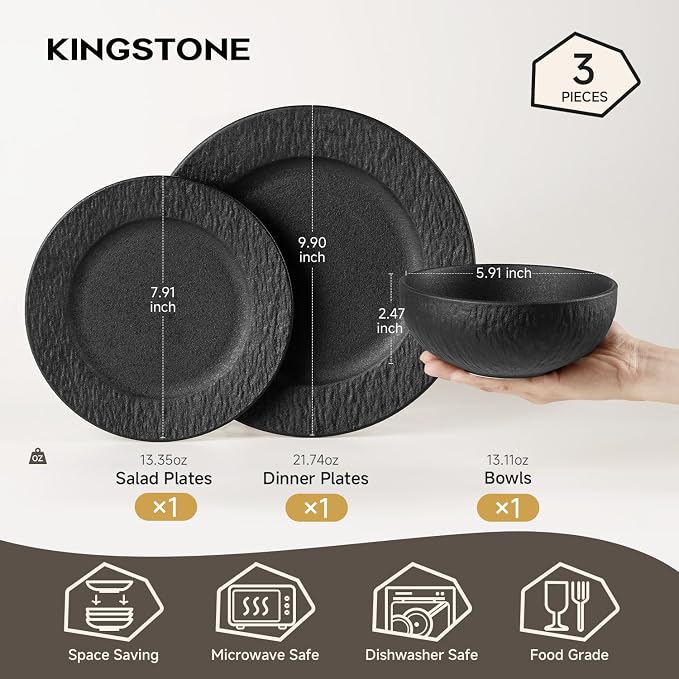Black Dinnerware Sets, 3-Piece plates and bowls sets, Matte Marble | Premium - Image 2