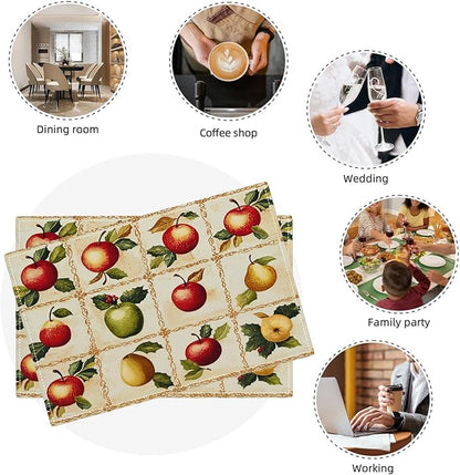 Apple Pear Placemats Set of 4, Retro Fruit Place Mats, Fruits Waterproof Washable Table Mats for Home Party Indoor Kitchen Dining Table Decoration 12x18 Inch