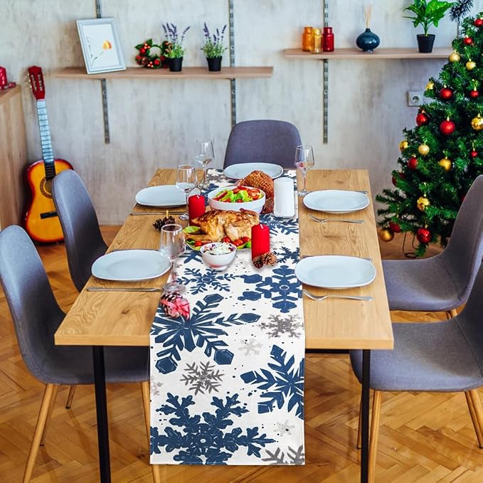 Blue Christmas Winter Table Runner, Xmas Dinning Decor | Sliver Snowflakes - Image 7