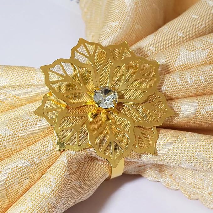 14K Gold Napkin Rings Set of 12, Metal Gold Flower Napkins Rings Holder Buckles - Image 3