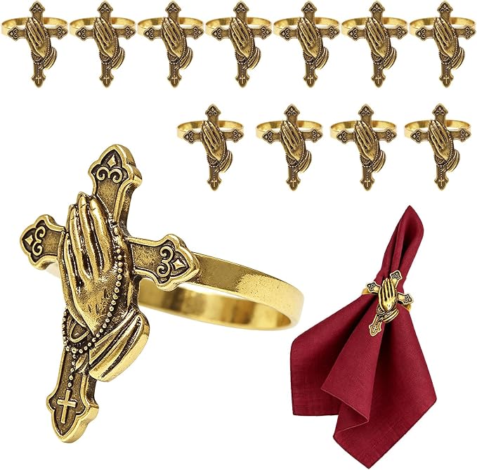 Cross Napkin Rings Set of 12 Antique Gold Praying Hands Napkin Holder by DavifinaNapkinRings