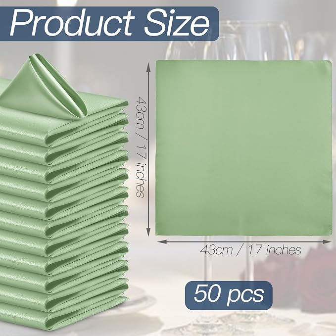 P Pothuiny 50 Pcs Sage Green Satin Napkins 17 x 17 in, Satin Cloth Napkins | - Image 2