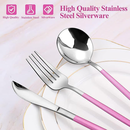 VANVRO Mirror Silver Rosy Silverware Set, 20-Piece Stainless Steel Flatware Set - Image 4