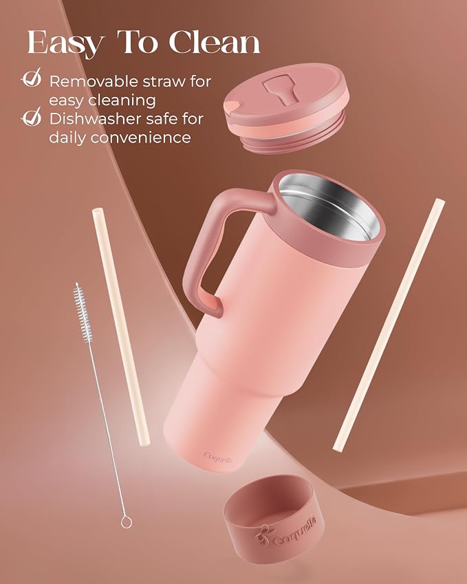 40 oz Insulated Tumbler with Handle and Push-Button Straw Lid, Stainless Steel - Image 6