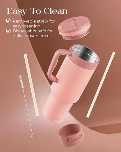 40 oz Insulated Tumbler with Handle and Push-Button Straw Lid, Stainless Steel - Image 6