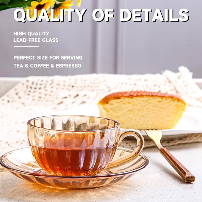 Glass Tea Cups and Saucers Set of 6, Glass Coffee Mugs - Image 6