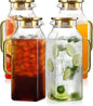 4 Pack 2 Liter/68 oz Square Glass Pitcher with Lid, Classic Stripes Water Pitchers with Handle for Fridge, Large Jug for Iced Tea, Coffee, Borosilicate Glass Carafe for Hot/Cold Brew Drink, Gold