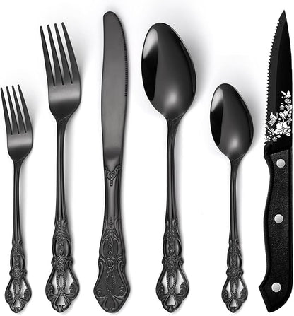 48 Pcs Gorgeous Retro Royal Black Silverware Set by Unknown