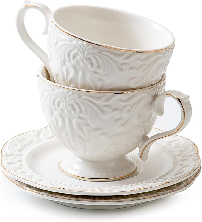 Cups and Saucers Tea Cups Set of 2, Ceramic Coffee Cups by KAITOER