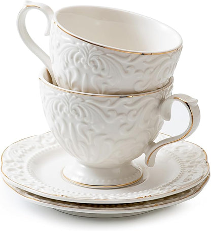 Cups and Saucers Tea Cups Set of 2, Ceramic Coffee Cups by KAITOER