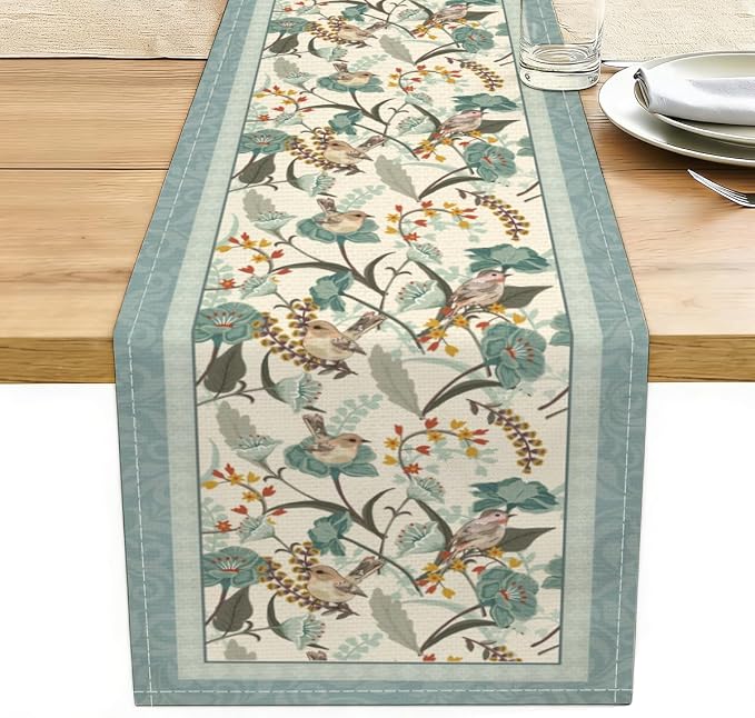Blue Birds Flowers Blossom Table Runner, Seasonal Spring Floral Decoration | by Unknown