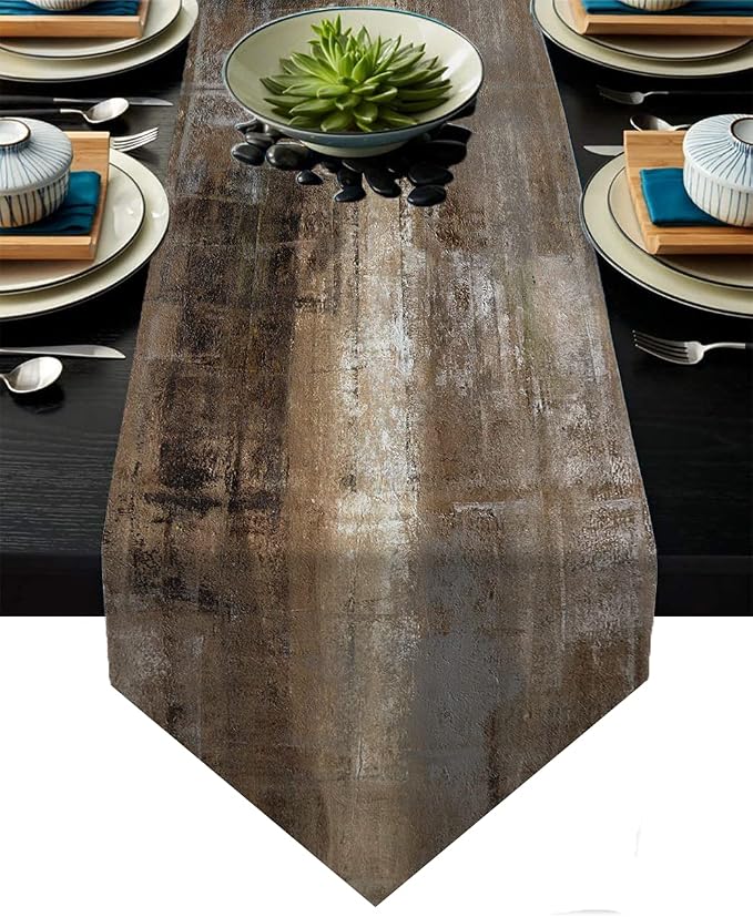 Brown and Grey Table Runner, Teal Abstract Modern Art Burlap Table Runners by AILUER