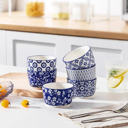 vancasso Selene 8 oz Ceramic Ramekins Set of 6, Large Capacity Oven-Safe Baking Cups for Soufflés, Snack Serving, Desserts, Blue and White Serving Bowls