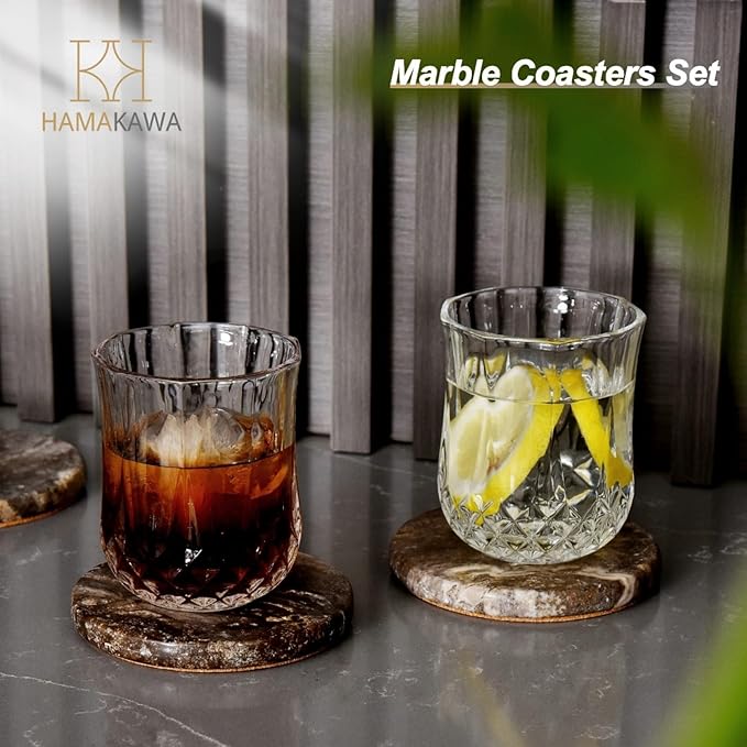 Natural Travertine Marble Coasters Set of 4, Round Gray Stone 4 Inch, Modern Drink Coasters for Home Decor, Coffee Table, Office