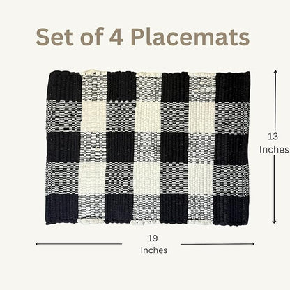 Perilla Home Cotton Placemat Set of 4 Table Mats for Kitchen Dining Home Decor Vintage Boho Rectangle Placemats (Black and White 13"x19")