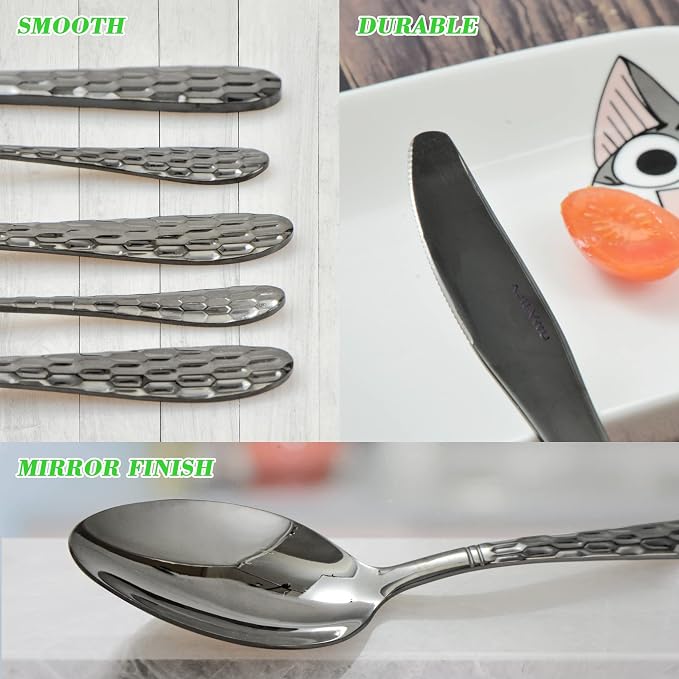 Hammered Silverware Set for 4, 20-Piece Black Flatware, 18/10 Stainless Steel - Image 5