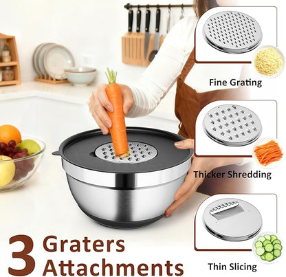 9 Pack Mixing Bowls with Airtight Lids Set, Stainless Steel Mixing Bowls with Grater Attachments, Nesting Kitchen Bowl Set with Non-Silp Bases, Size 7, 4, 3, 2, 1.5,1QT, Black