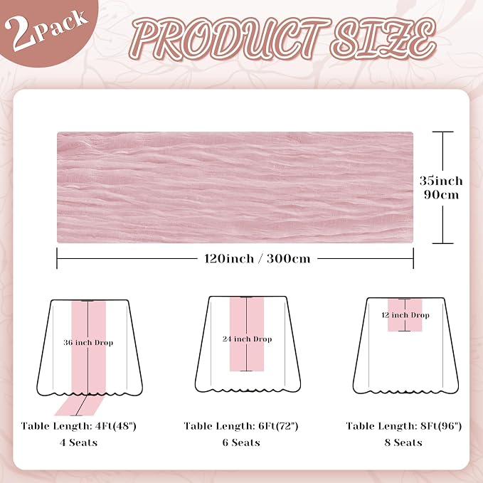 2 Pack Cheesecloth Table Runner, 120 Inch Pink Table Runner - Image 4