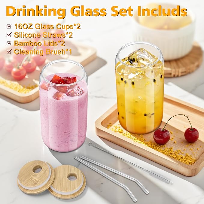 sungwoo 2PCS Glass Cups with Bamboo Lids and Straws, 16OZ Ice Coffee Cup - Image 2
