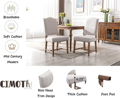 CIMOTA Mid Century Modern Dining Chairs Set of 2, Farmhouse Upholstered Dining Room Chairs Comfortable Kitchen Side Chairs with High Back/Natural Solid Wood Frame, Linen Beige