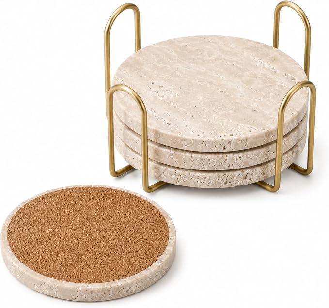 Travertine Coasters with Gold Holder, Cork Backing | Real travertine coasters by DASSNANE