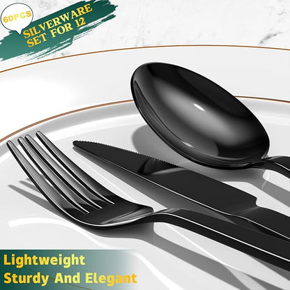 60 Pieces Black Silverware Set, Premium Stainless Steel Flatware Set for 12, Yoehka Mirror Polished Tableware Cutlery Set for Home and Restaurant, Include Knife/Spoon and Fork, Dishwasher Safe