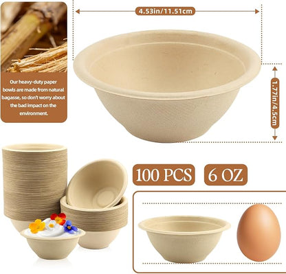 LeonBach 100 Pack 6 oz Natural Bagasse Fiber Paper Bowls, Small Compostable - Image 2