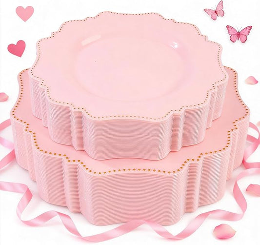 COLOSUS 60Pcs Disposable Plastic Plates Set, Gold Pink Party Plates, 30pcs Dinner Plates and 30pcs Salad/Dessert Plates for Wedding, Party, Anniversary, Daily Use,Valentine's Day